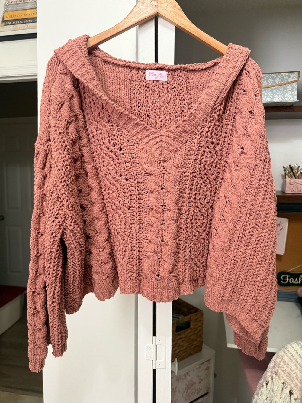 Pink Lily Chunky Cable V-Neck Sweater in Dusty Mauve